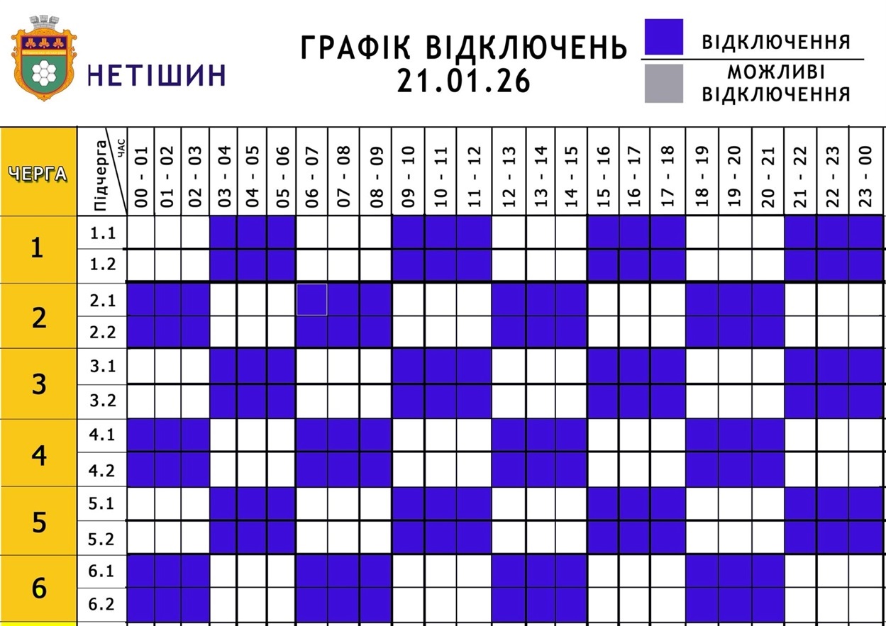 Графік відключень електроенергії у Нетішині на 21 січня