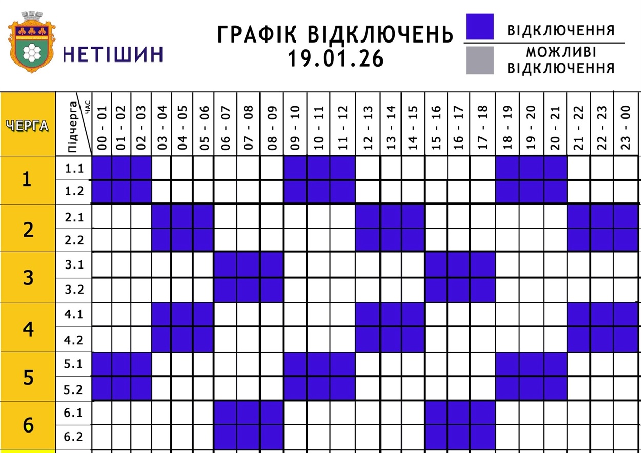 Графік відключень електроенергії у Нетішині на 19 січня